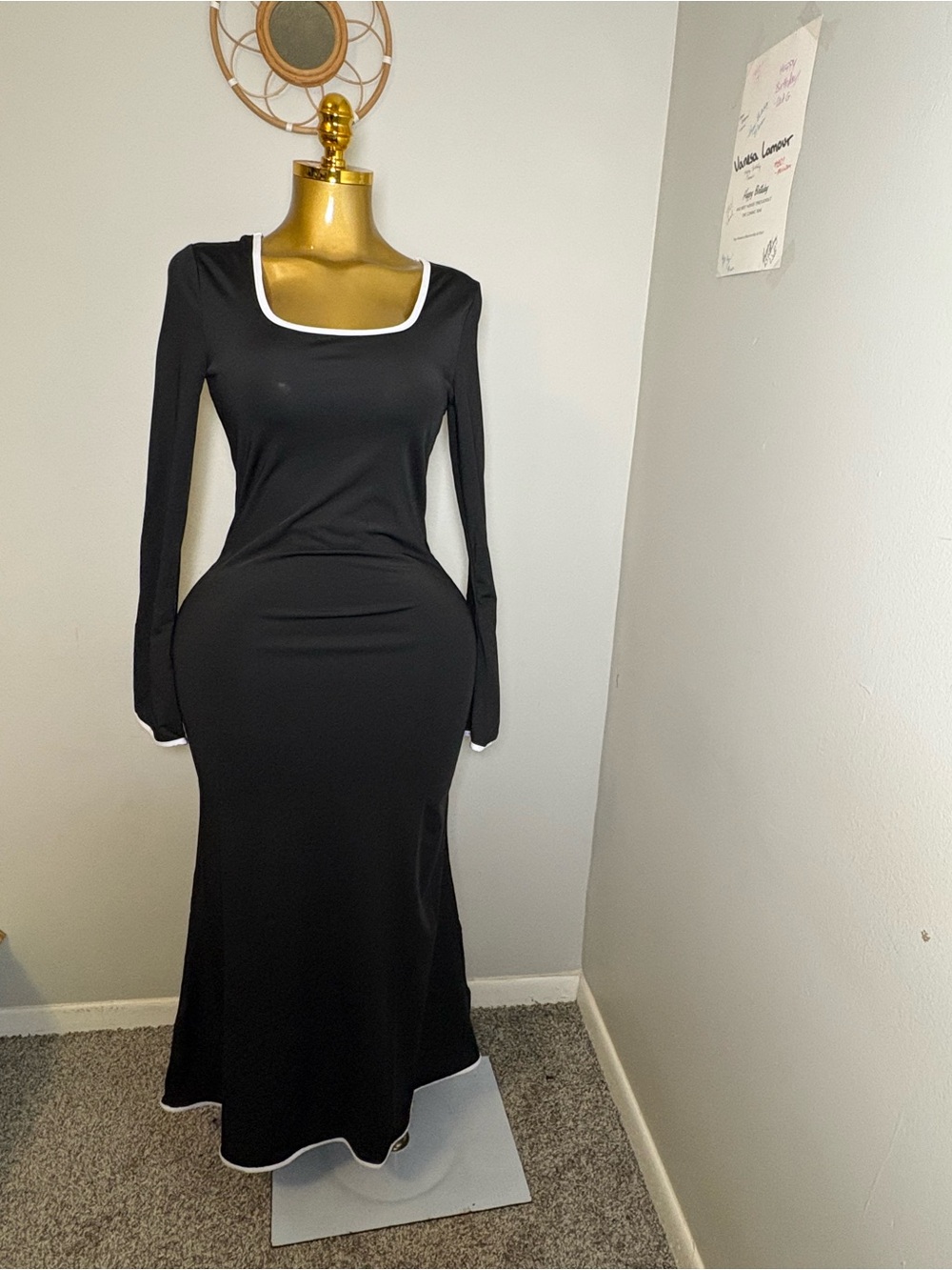 Black Long-Sleeve Square Neck Maxi Dress with White Trim